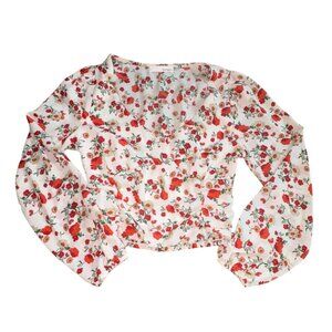 Heatherly Womens Floral Blouse-Balloon Sleeves-White/Red-Size XSP-GUC
